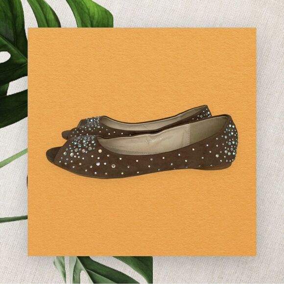 OPEN TOE RHINESTONE TAUPE FLAT, sz 41 - Picture 4 of 6